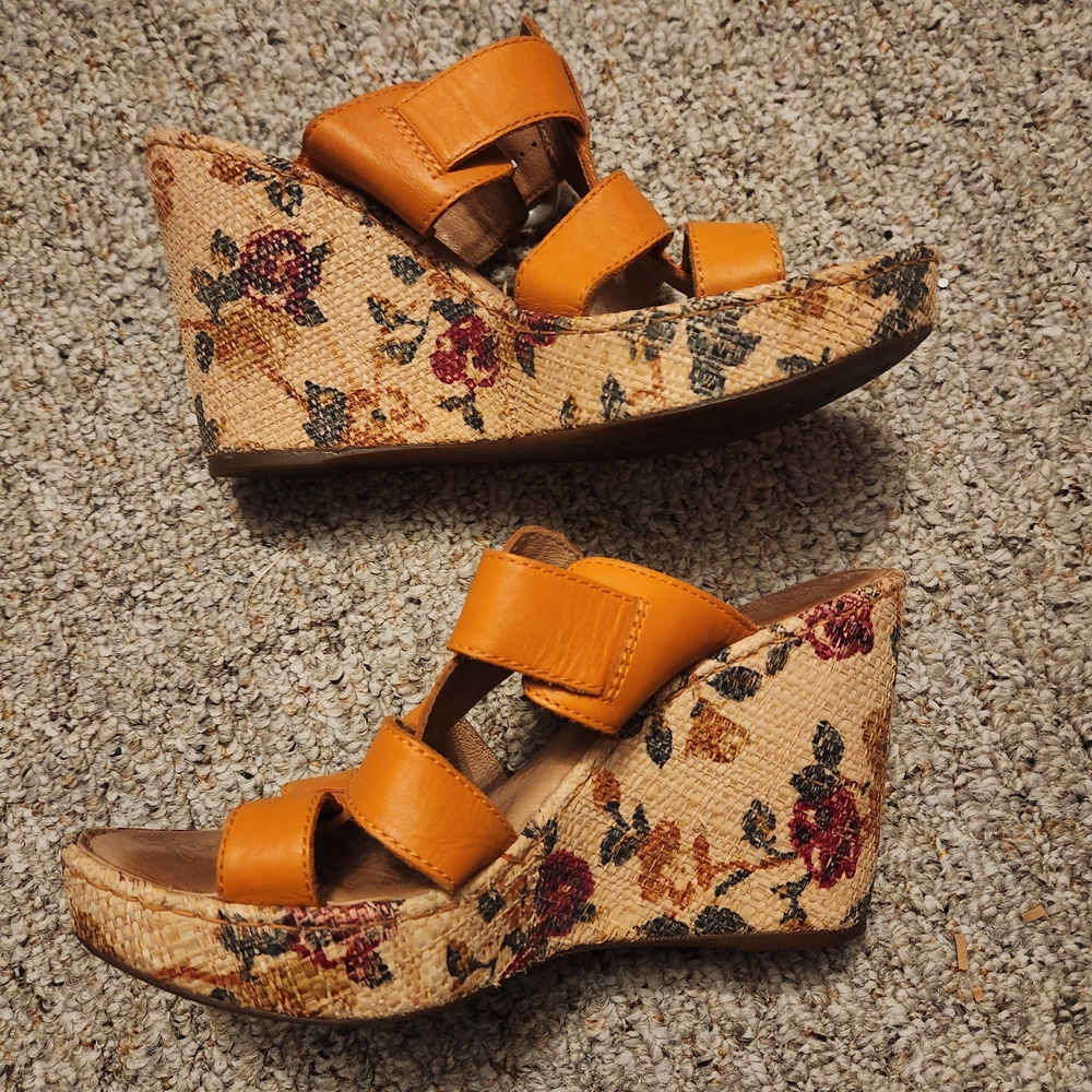 Born Floral Wedge Sandals - Orange and Tan